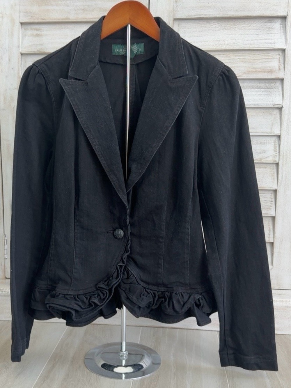 Lauren Jeans Co Ralph Lauren Black Denim Ruffle Peplum Blazer Jacket 12 NWOT